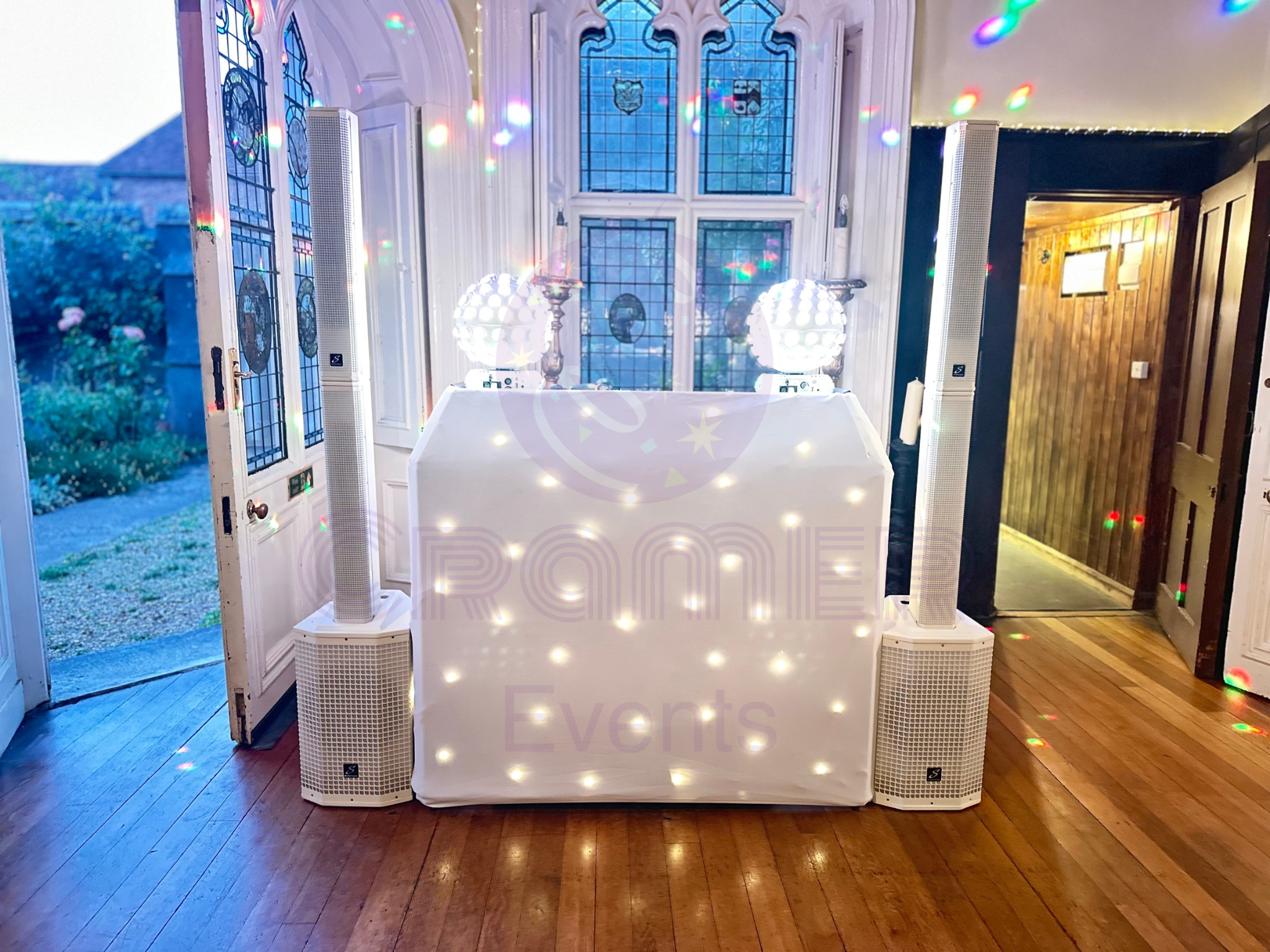 Premium white wedding DJ setup by Cramer Events at Chiddingstone Castle